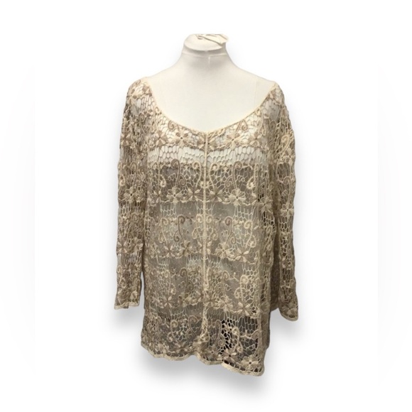 Adiva Tops - Adiva Women’s 3/4 Sleeve Scoop Neck Crochet Knit Pull Over Top, Beige, size 3X